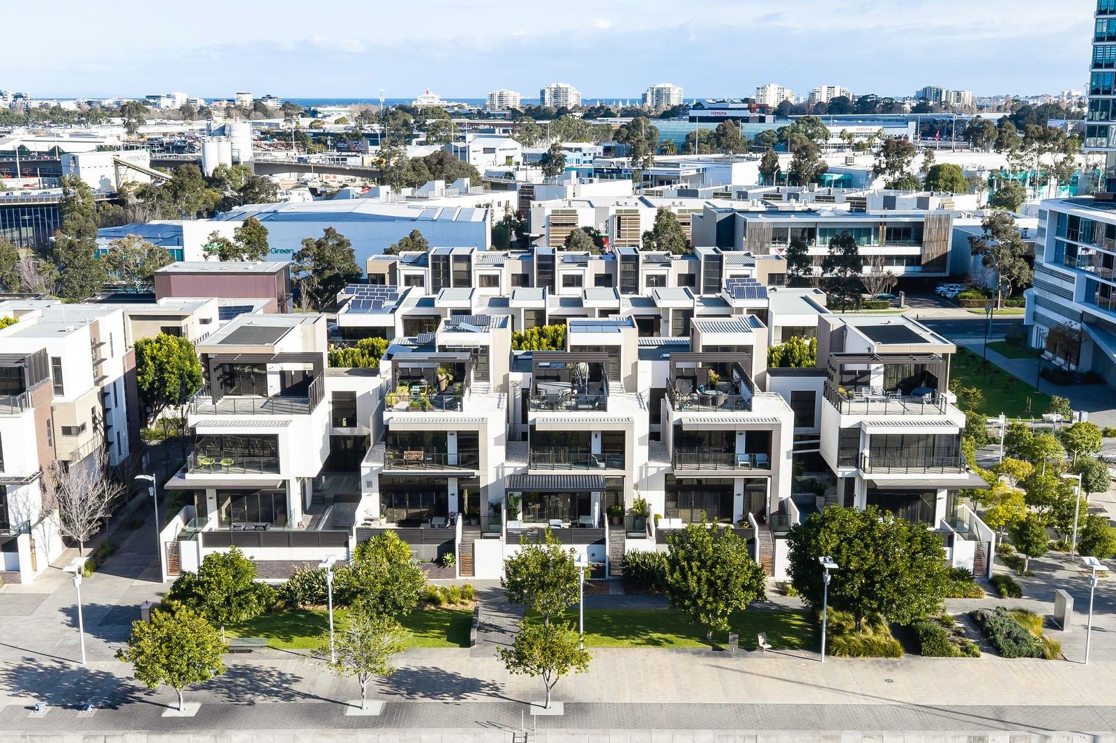 The Yarras Edge townhouses on the Yarra River at Docklands, seen from the air